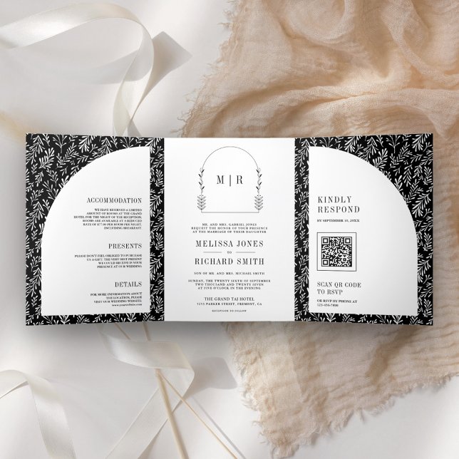 Minimal Line Art Leaf Arch Black and White Wedding Tri-Fold Invitation (Creator Uploaded)