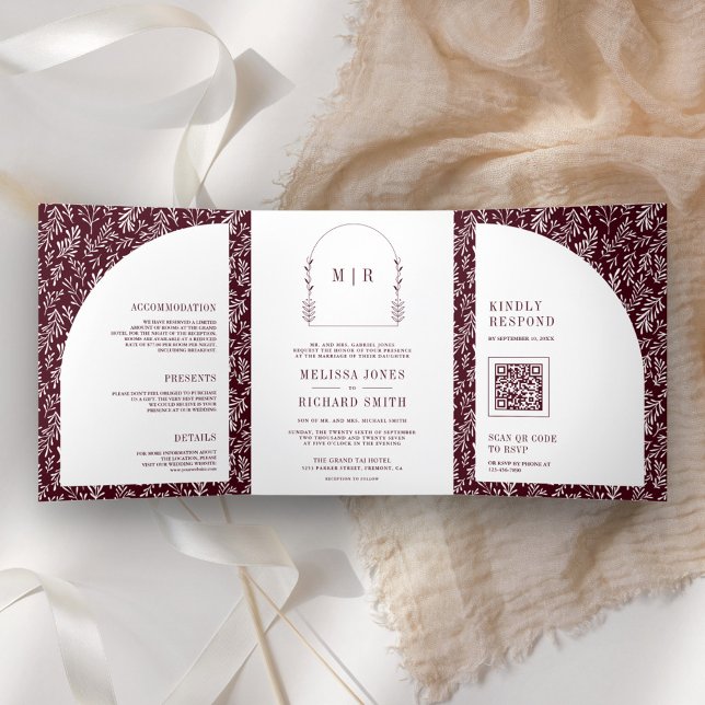 Minimal Line Art Leaf Arch Burgundy Wedding Tri-Fold Invitation (Creator Uploaded)