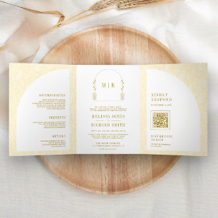 Minimal Line Art Leaf Arch Butter Yellow Wedding Tri-Fold Invitation