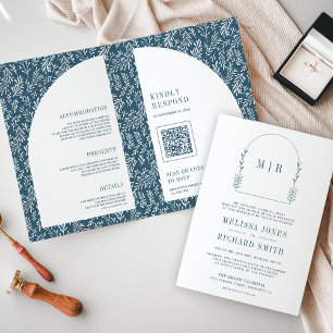 Minimal Line Art Leaf Arch Dusty Blue Wedding Invitation