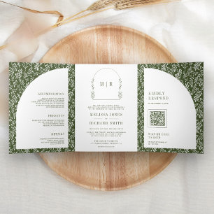 Minimal Line Art Leaf Arch Olive Green Wedding Tri-Fold Invitation