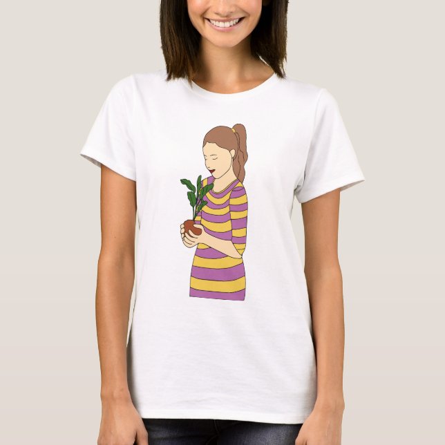 Minimal Line Art of Girl with Potted plant T-Shirt (Front)