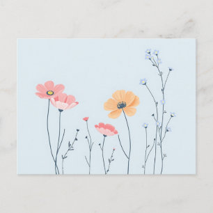 Minimal Line Art Wildflowers on Pastel Blue  Postcard