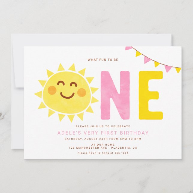 Minimal Little Sunshine First Birthday Girl Invitation (Front)