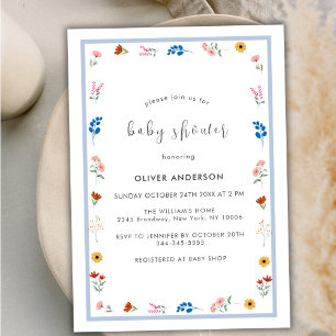Minimal Little Wildflower Frame Boy Baby Shower Invitation