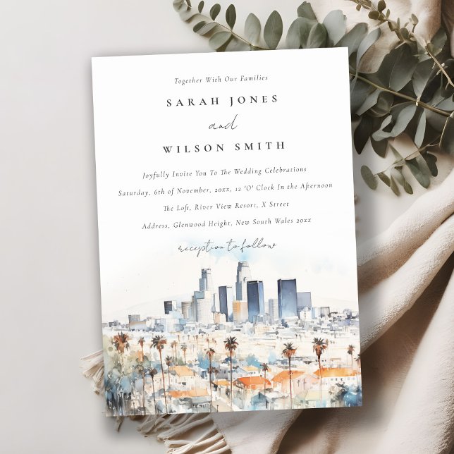 Minimal Los Angeles, California Watercolor Wedding Invitation (Creator Uploaded)