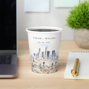 Minimal Los Angeles, California Watercolor Wedding Paper Cups