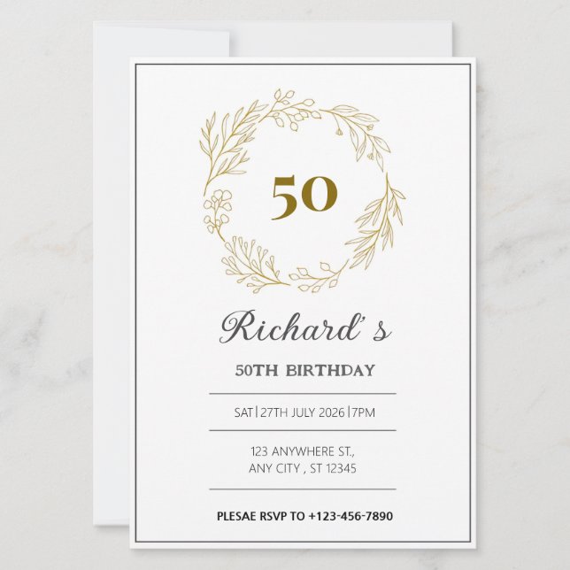  minimal luxuary golden wreath 50th birthday  invitation (Front)