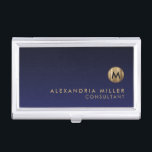 Minimal Luxury Brushed Gold Monogram Navy Blue Business Card Holder<br><div class="desc">Minimalist monogram design with brushed metallic gold monogram medallion with personalized name and title or custom text below on a gradient background in shades of navy blue. Personalize for your custom use.</div>