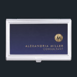 Minimal Luxury Brushed Gold Monogram Navy Blue Business Card Holder<br><div class="desc">Minimalist monogram design with brushed metallic gold monogram medallion with personalized name and title or custom text below on a gradient background in shades of navy blue. Personalize for your custom use.</div>