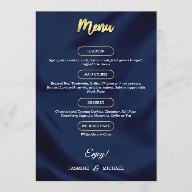 Minimal Luxury Navy Blue and Gold Script Wedding Menu (Front)