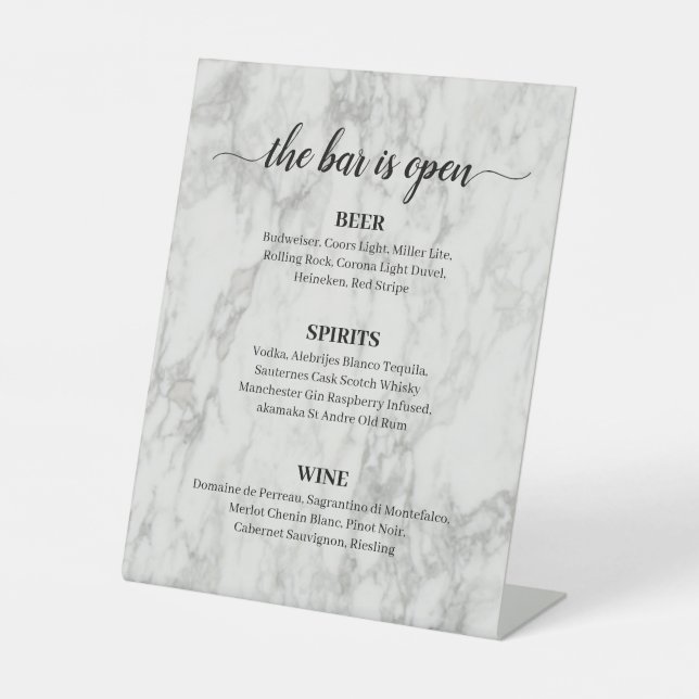 Minimal Marble Calligraphy Wedding Bar Menu Pedestal Sign (Front)