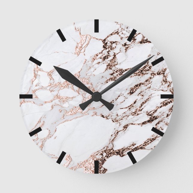 Minimal Marble Copper Rose Gold Black White Urban Round Clock (Front)