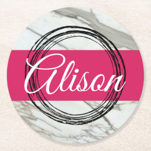 Minimal marble design add name text round paper coaster