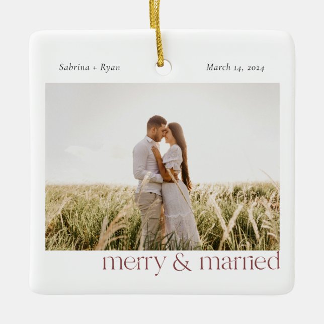 Minimal Merry and Married Photo | Maroon Ceramic Ornament (Front)