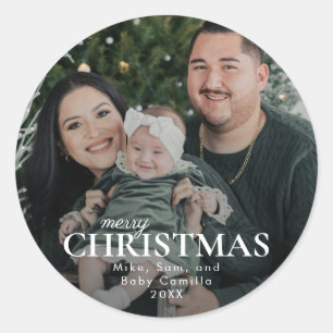 Minimal Merry Christmas Family Photo  Classic Round Sticker