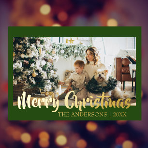 Minimal Merry Christmas Forest Green Photo Family Foil Holiday Card