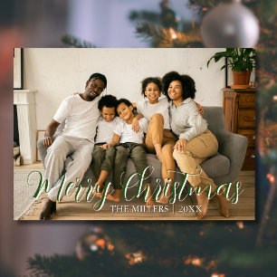 Minimal Merry Christmas Forest Green Photo Family Holiday Card