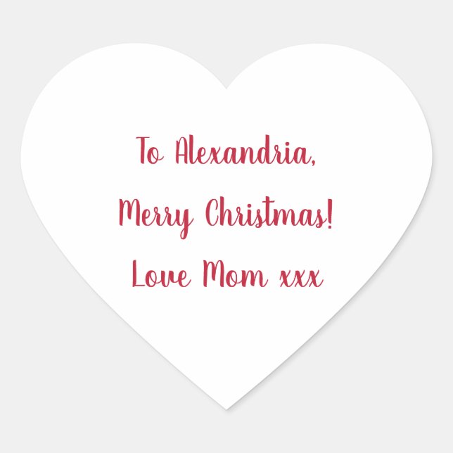 Minimal Merry Christmas from Mom Red and White Heart Sticker (Front)