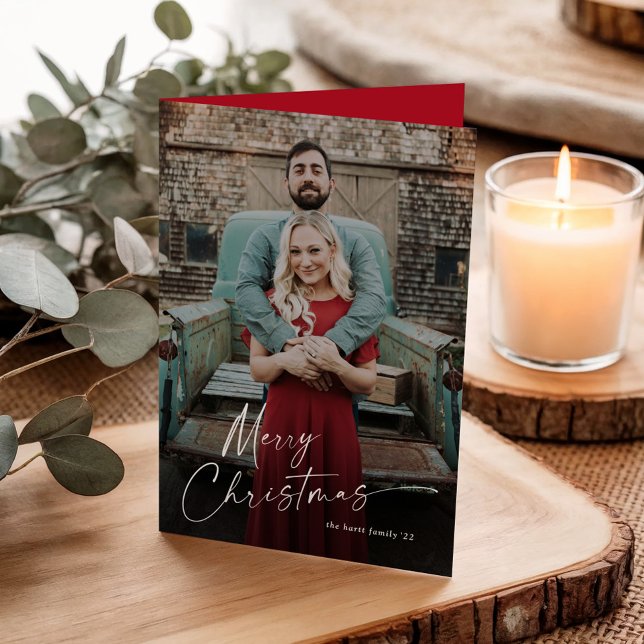 Minimal Merry Christmas Script 2 Photo Holiday Card (Modern Script Merry Christmas Full bleed 2 Photo Folded Holiday Cards.)
