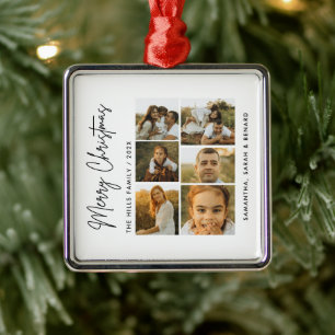 Minimal Merry Christmas Script  Family  6 Photos Metal Ornament