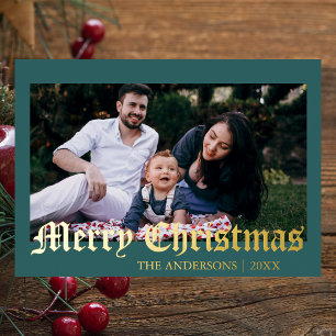 Minimal Merry Christmas Teal Photo Family Foil Holiday Card