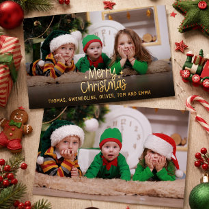 Minimal Merry Christmas Two Photo Family Gold Foil Holiday Card