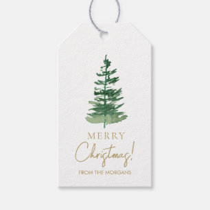 Minimal Merry Christmas Watercolor Pine Custom Gift Tags