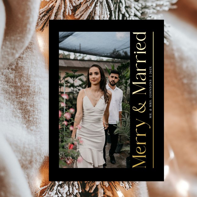 Minimal Merry & Married Christmas Photo Newlyweds Foil Holiday Card (Creator Uploaded)