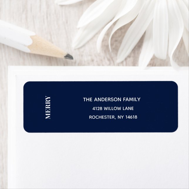 Minimal MERRY | Navy Blue Holiday Address Label (En situation)