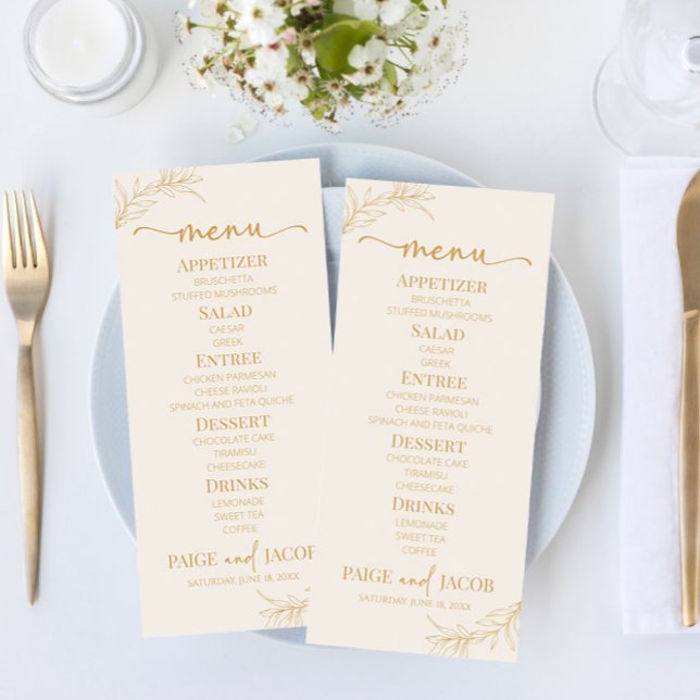 Minimal Minimalist Beige Gold Branch Leaf Wedding Menu (Creator Uploaded)