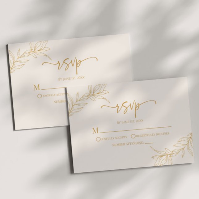 Minimal Minimalist Beige Gold Branch Leaf Wedding RSVP Card (Creator Uploaded)