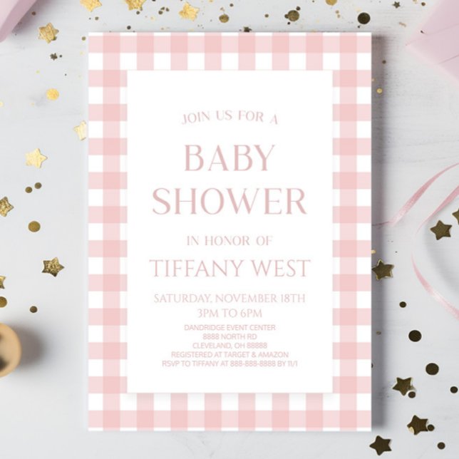 Minimal Minimalist Modern Pink Plaid Baby Shower Invitation (Creator Uploaded)