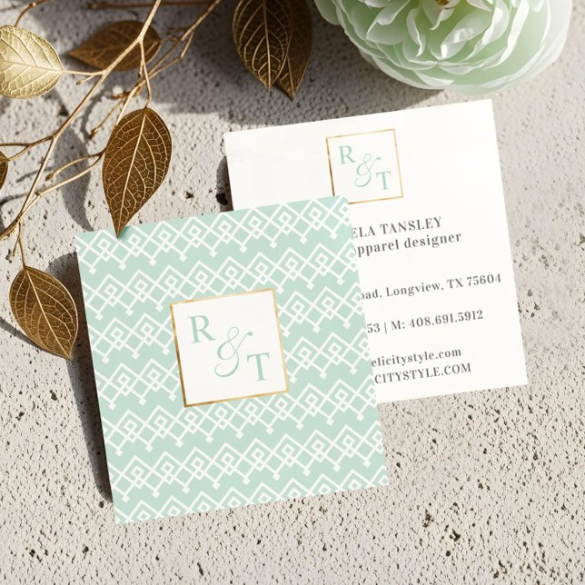 Minimal Mint & White Geometic Pattern Monogram Square Business Card (Luxury Elegant Minimal Geometric Pattern Monogram Square Business Card)