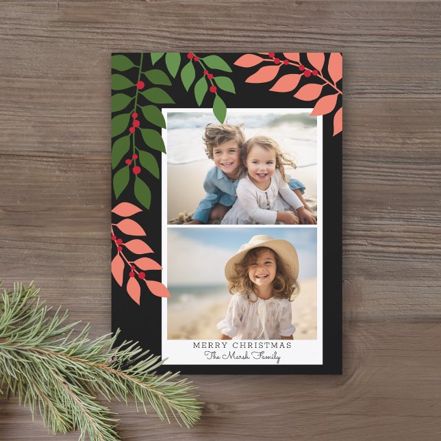 Minimal modern 2 photo - botanical coral black holiday card (A berry botanical holiday card with coral, green and black leaves and berries. 2 photos)