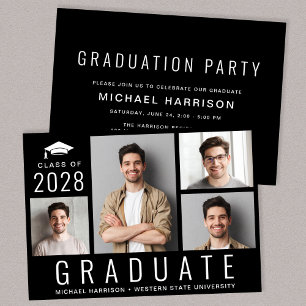 Minimal Modern 4 Photo Black Graduation Party Invitation