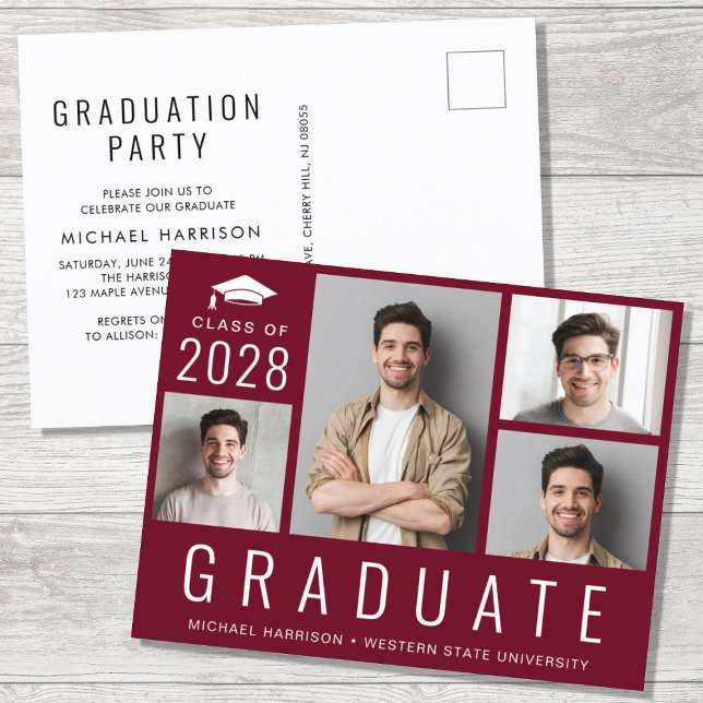 Minimal Modern 4 Photo Burgundy Graduation Party Invitation Postcard (Creator Uploaded)