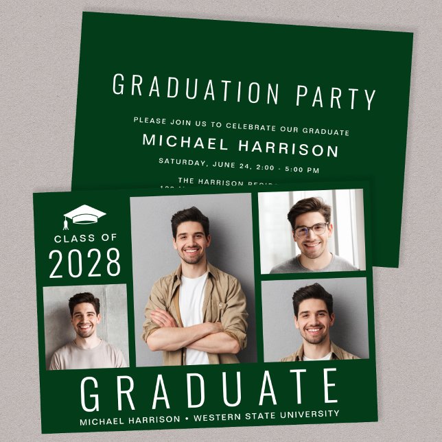 Minimal Modern 4 Photo Green Graduation Party Invitation (A modern photo collage graduation party invitation to celebrate the graduate's achievements)