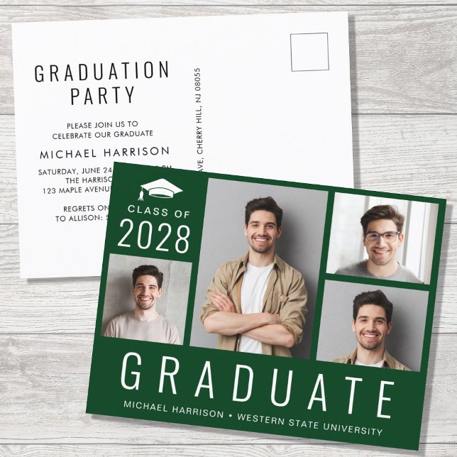 Minimal Modern 4 Photo Green Graduation Party Invitation Postcard (Creator Uploaded)