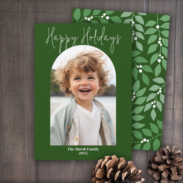 Minimal modern arch photo - botanical olive holiday card (A berry botanical holiday card in shades of green leaves and white berries. 1 Photo Arch)