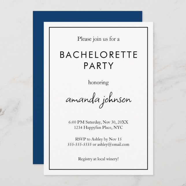 Minimal Modern Bachelorette Party Invitation (Front/Back)