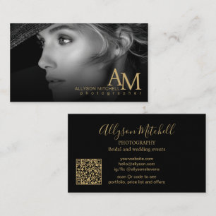 Minimal Modern Black Gold Photo QR Photography Business Card