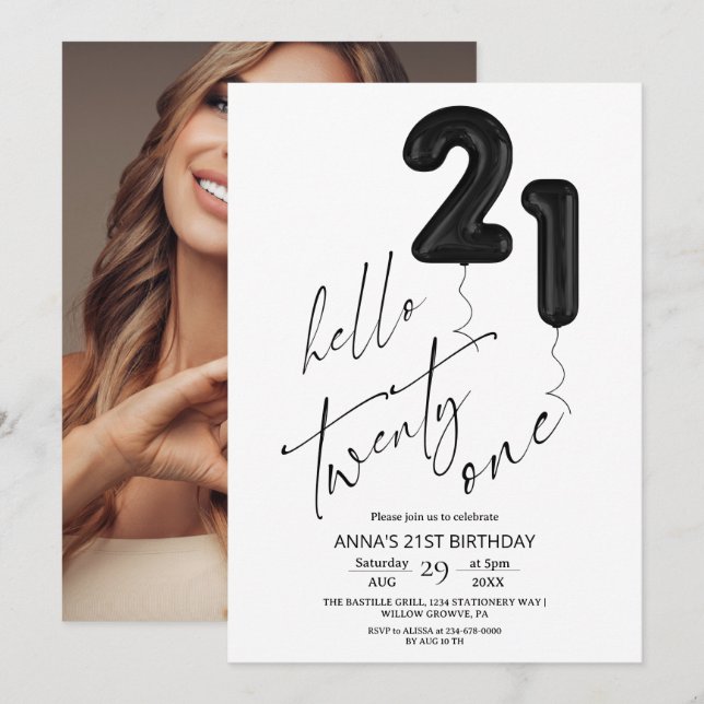 Minimal Modern Black White 21st Birthday Invitation (Front/Back)