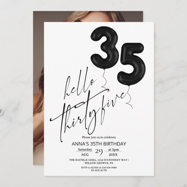 Minimal Modern Black White 35th Birthday Invitation (Front/Back)
