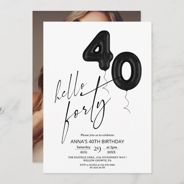 Minimal Modern Black White 40th Birthday Invitation (Front/Back)
