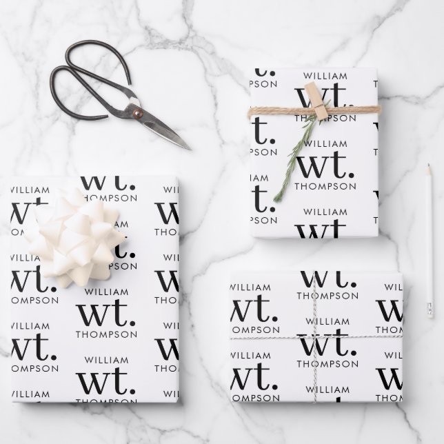 Minimal Modern Black & White Monogrammed Name Wrapping Paper Sheet (Front)