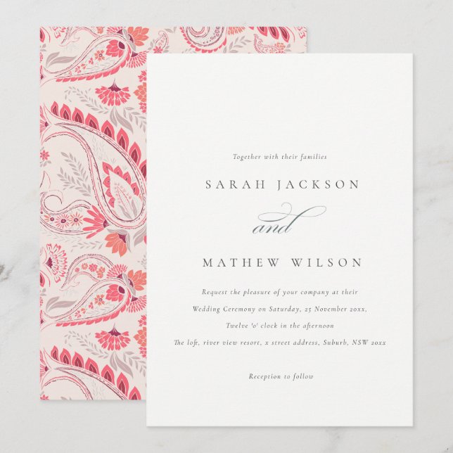 Minimal Modern Blush Paisley Typography Wedding Invitation (Front/Back)