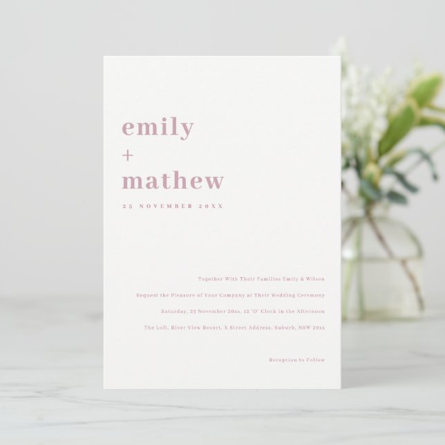 Minimal Modern Bold Dusky Pink Typography Wedding Invitation (Standing Front)