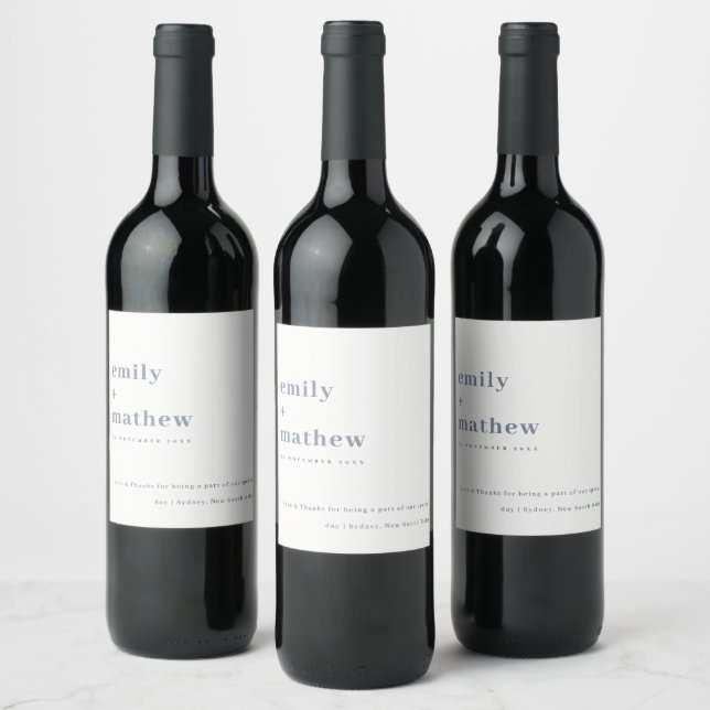 Minimal Modern Bold Grey Blue Typography Wedding Wine Label (Bottles)