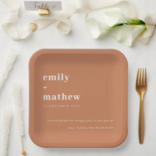 Minimal Modern Bold Rust Orange Typography Wedding Paper Plate